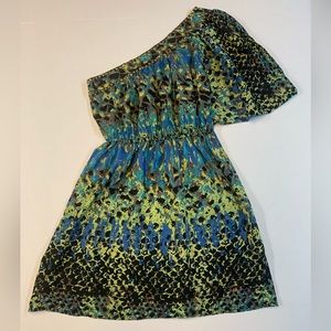 Angie One Shoulder Tunic Dress womens size small black, blue, green, brown print